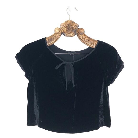 Theory Top Crushed Velvet Crop Short Sleeve with Center Bow Keyhole Black S NWT - Picture 1 of 8